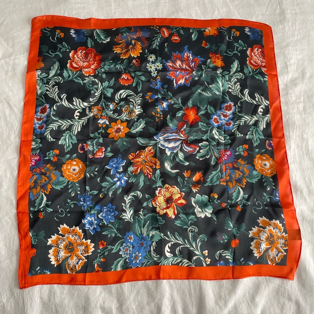 Saks Fifth Avenue Floral Square Scarf Black Orange Multicolor